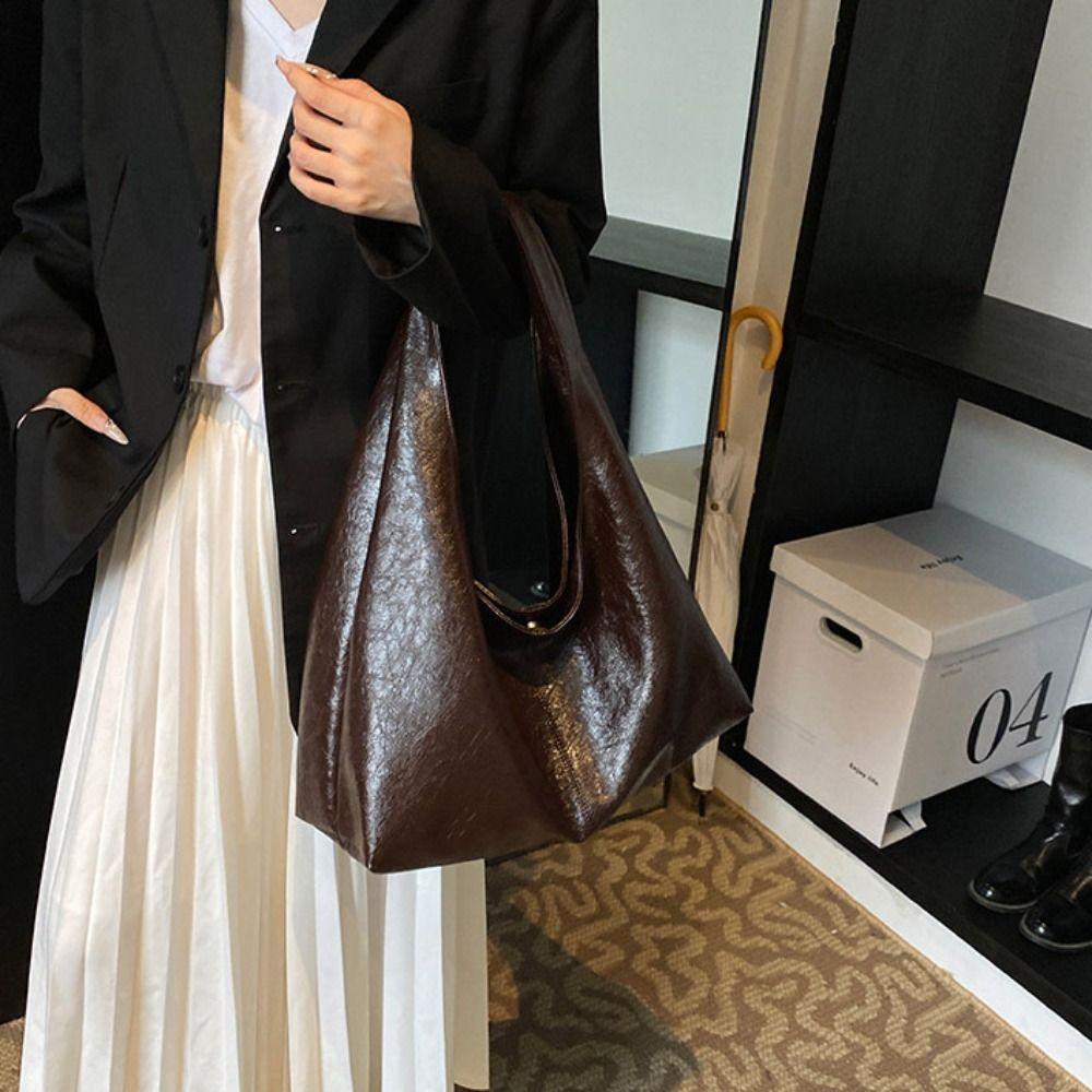 Solid Color Retro PU Tote Bag Tote Bag Underarm Packs Sweet Large Capacity Handbag  Office Worker