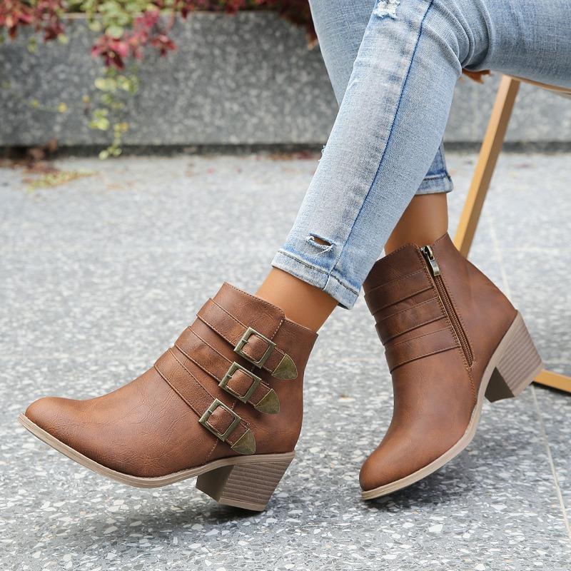 Neue Übergröße Western Chelsea Lederstiefel Damen Retro Gürtelschnalle Dicker Absatz Mode Vielseitige Modestiefel