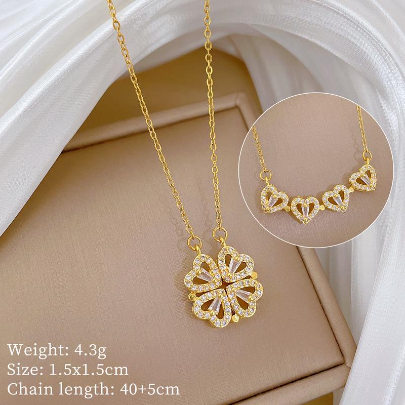 Versatile Titanium Steel Women's Necklace: Heart-to-Heart Two-Way Four-Leaf Clover Clavicle Chain with Full Diamonds