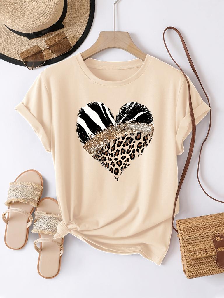 Women's Casual Short Sleeve with Leopard Print Zebra Stripe Heart Design Glitter Accent Casual Top Harajuku Short Sleeve Casual