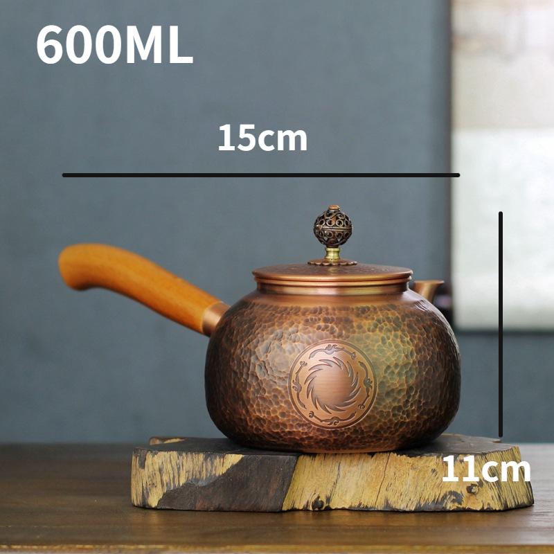 

Фиолетовый медный чайник с боковой ручкой, ручной работы, узор, резьба, чайник для готовки, старинный японский чайник из чистой меди, деревянная ручка