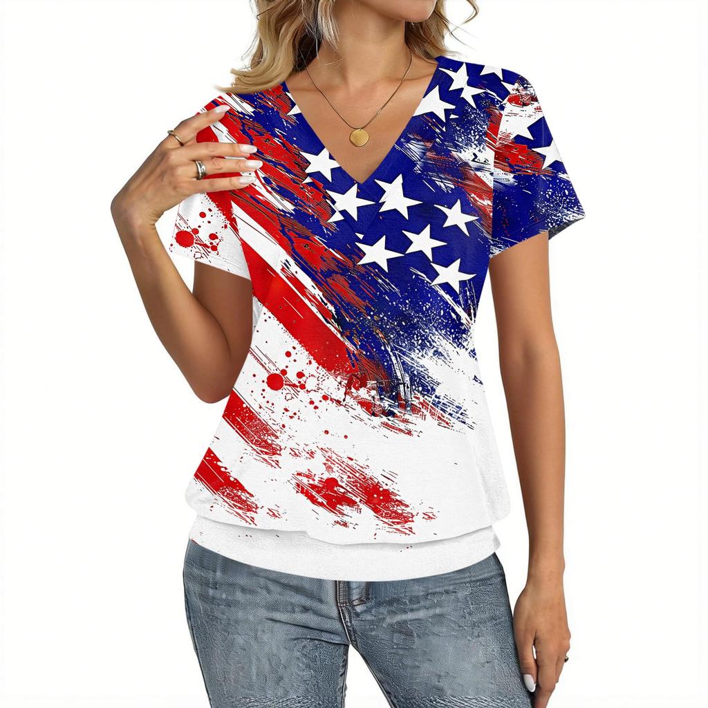 Women's Casual Short Sleeve V Neck Top with Independence Day Flag Print Lightweight Comfortable Summer Shirt for Daily Wear