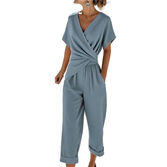Women's 2 Piece Outfits Asymmetrical Hem V Neck Short Sleeve Ruched Top And Cropped Pants Set Summer Casual Lounge Sets