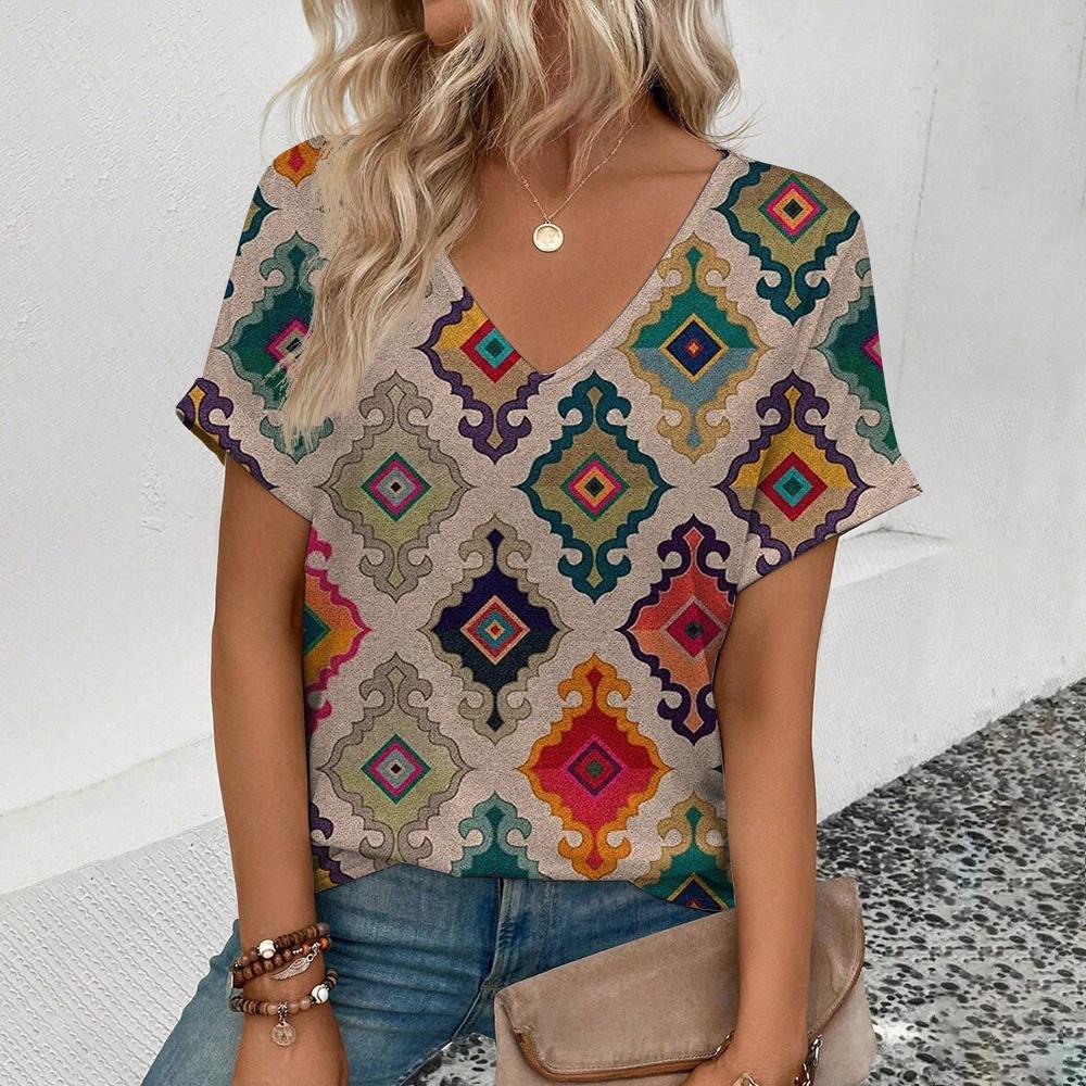 Summer Fashion Loose Casual Women's V-neck Top Green Floral Print Vintage Short Sleeve Personalized Plus Size T-shirt