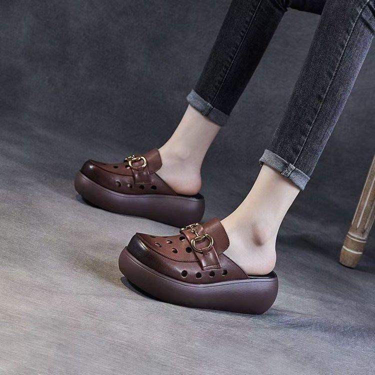 Baotou Half Slippers Women's Summer Fashion Outer Wear 2025 New Hollow Hole Shoes Soft Leather Muffin Thick Sole Heightening Sandals