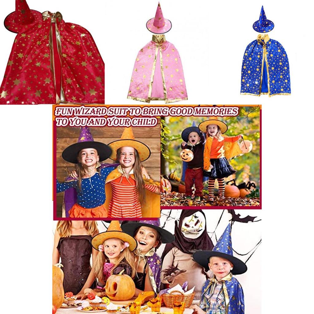 Dziecięcy strój czarownicy na Halloween z złotą lamówką i wysokim kołnierzem do odgrywania ról
