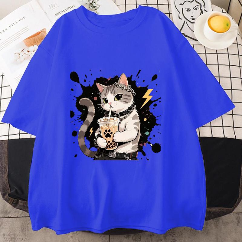 T-shirt Mens Women Summer Drag Cool Kitten Print T-shirt American Student Short-sleeved Top Loose T-shirts