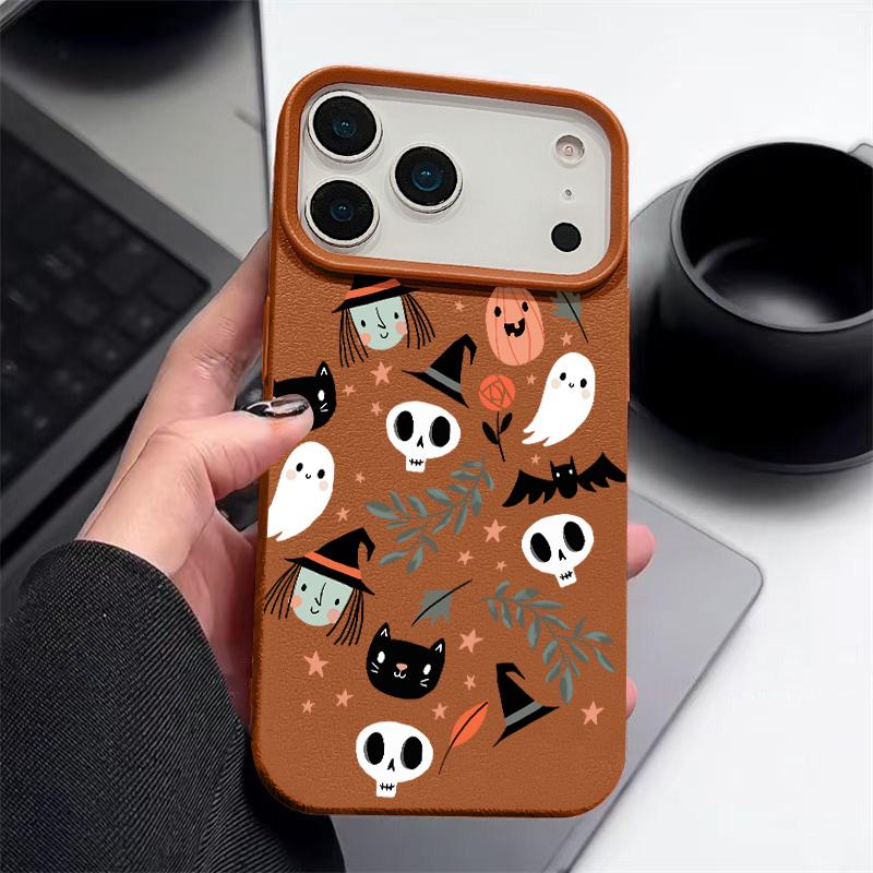 Ghost Witch Skulls Print Phone Case For iPhone 17 Pro Max Funda iPhone 16 Pro Max 15 14 13 12 11 16e Air Leather Texture Silicone Soft Cover