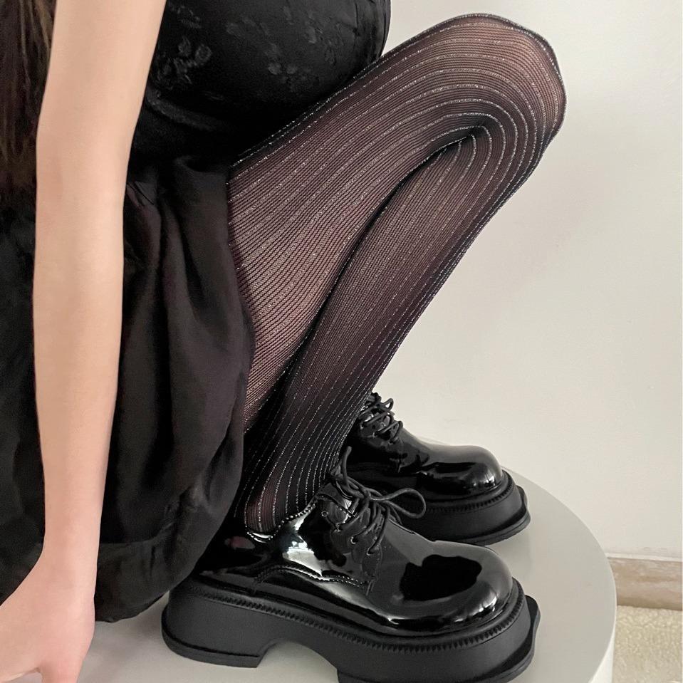 Spring/Summer New Luxury Black Nylon Thin Stockings Silver Thread Vertical Stripe Pantyhose Shiny Durable Snag-Resistant