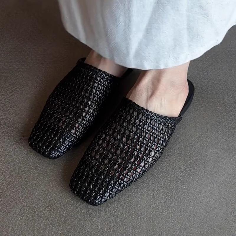 Geweven holle tas hoofd halve pantoffels dames 2025 zomer nieuwe draag platte zool casual veelzijdig luie muller coole pantoffels