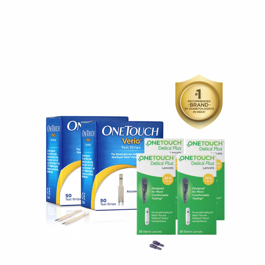 Тест-полоски для измерения уровня глюкозы в крови OneTouch Verio | Упаковка из 100 тест-полосок вместе со 100 ланцетами Delica Plus | Для использования с глюкометром OneTouch Verio Flex