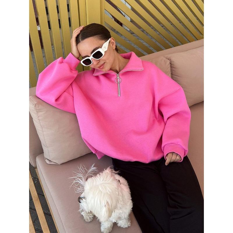 

Женская свободная толстовка с капюшоном на молнии с воротником-лацканами, осенне-зимняя S розовый