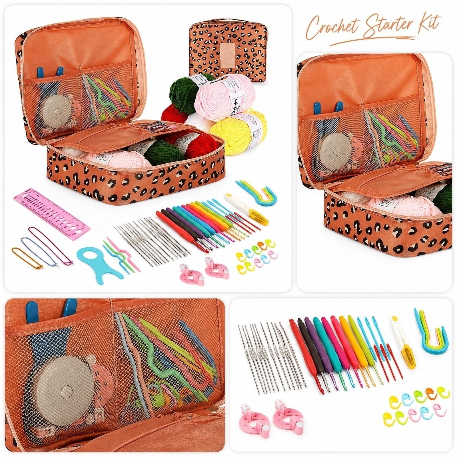 Crochet Kit for Beginners, DIY Crochet Hook Set with Yarn and Tools, Portable Knitting Supplies, Complete Crochet Kit for Adults One Size