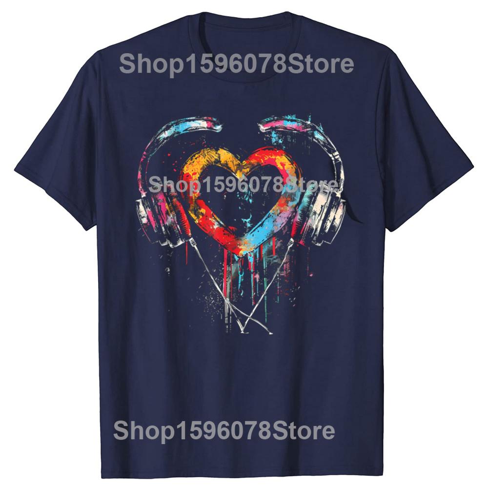 Funny Headphones Music DJ Artwork Heart Music Lover Techno EDM T Shirts Humor Tee Shirt Short Sleeve Unisex Loose Clothing