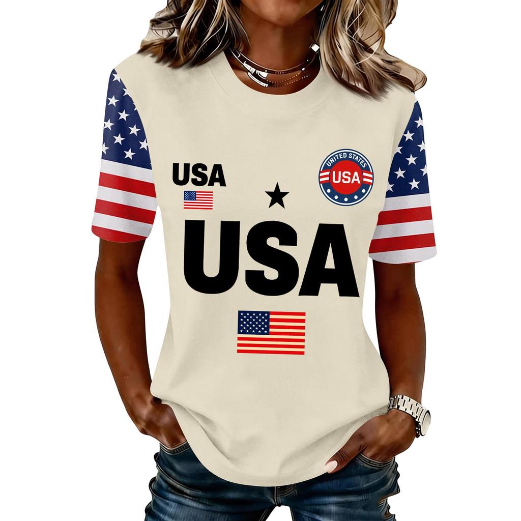Blusa Feminina da Moda Casual de Manga Curta com Estampa e Gola Redonda