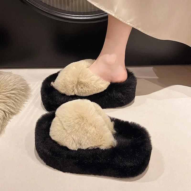 Fashion 2025 Autumn/Winter Candy Color Plush Slippers, Women's Plush Thick Sole Plus Size Cotton Slippers