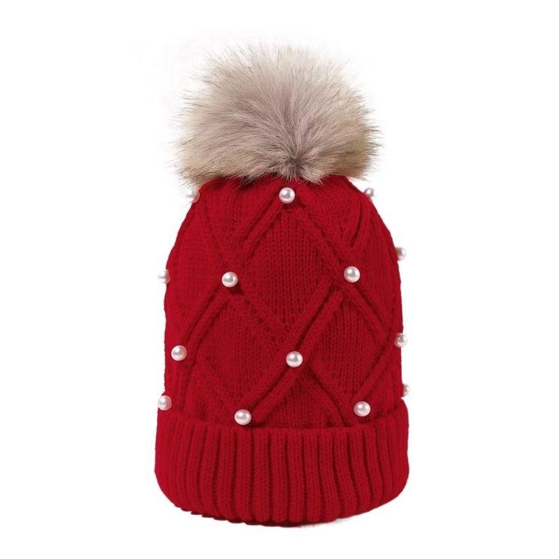 Cute with Diamond Knitted Hat Thick Flannel Warm Large Woolen Ball Cold Hat Folded Edge Solid Color Women's Hat Winter