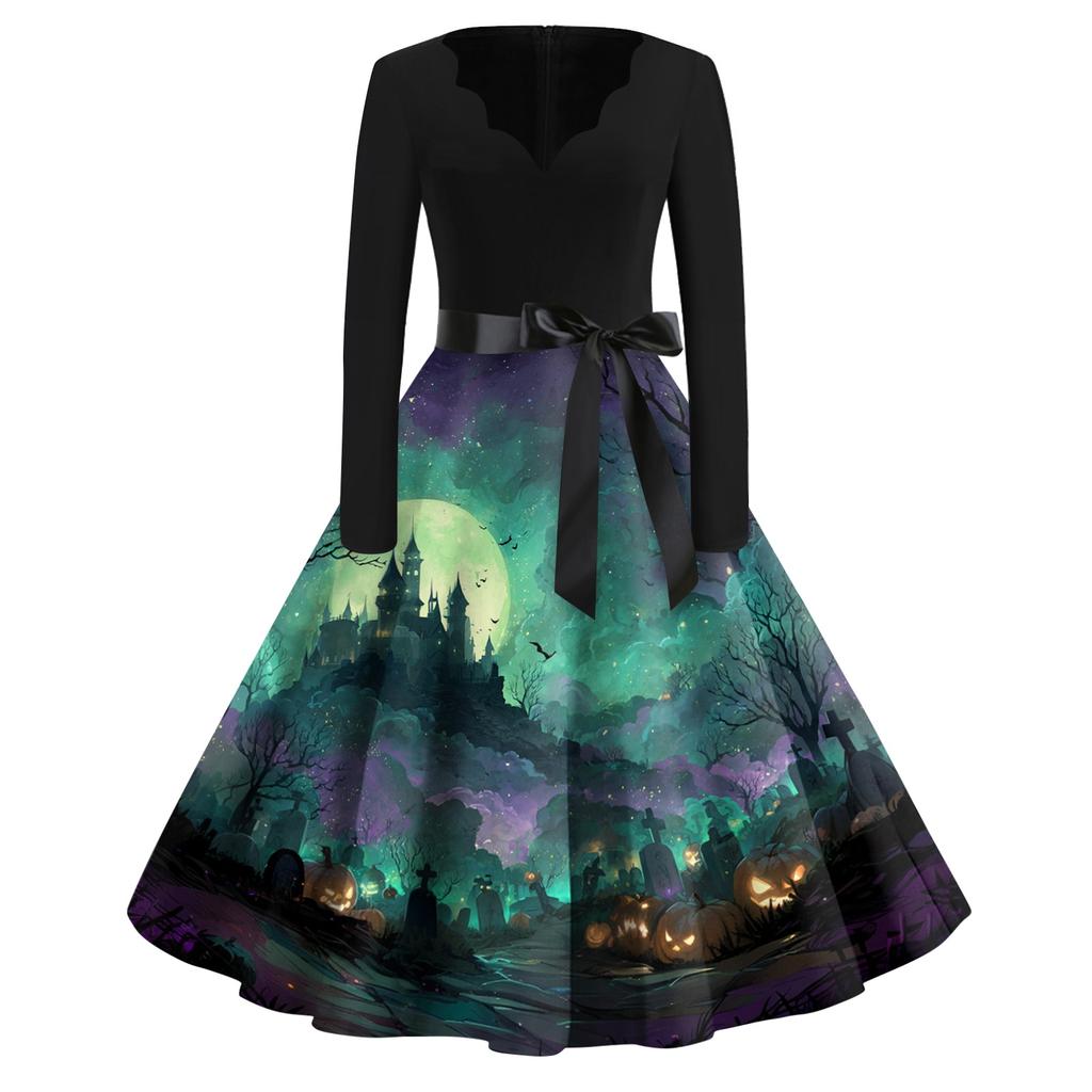 Women Casual Vintage V Neck Dress Halloween Print Long Sleeve Retro Fit and Flare Dress with Waist Tie for Everyday Wear