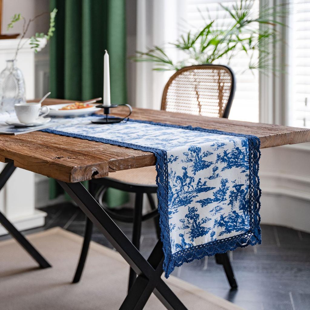 BEPAN Table Runner Printed Countryside Navy Blue Lace Blue and White Porcelain Table Tea Flag Dining Flag Long Strip