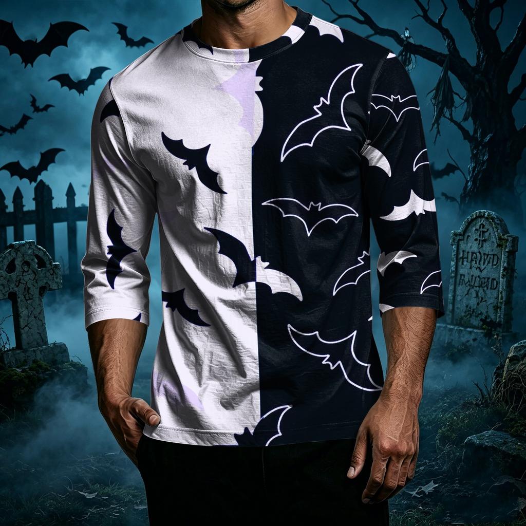 Men's Casual Halloween Print Crew Neck T Shirt Three Quarter Sleeve Top Comfortable Fit Lightweight Fabric Suitable for Everyday Wear
