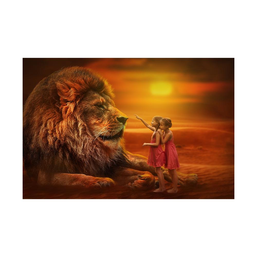 

Король джунглей Лев Абстрактное искусство Плакат Печать Девушка Ласкает Лев Закат Настенная живопись Холст Картина Гостиная Домашнее украшение 20x30cm