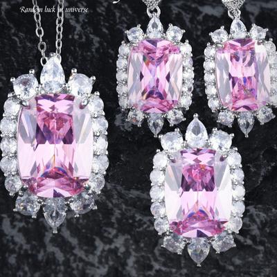 Super Bright Temperament Pink High Carbon Stone Luxury Pendant Necklace Ring Earrings Women All Match Senior Suit