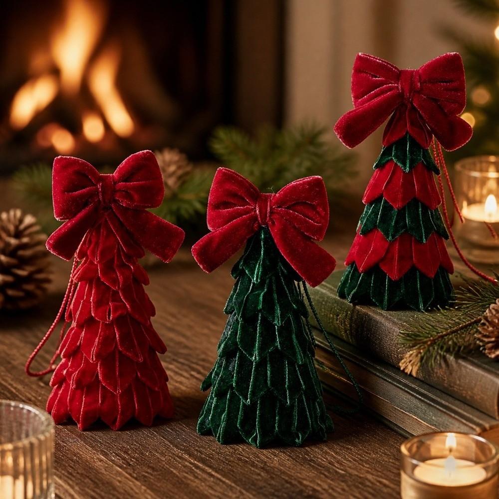 Vintage Bow Fabric Xmas Tree Pendant Layered Cut Tree-Shaped Holiday Hanging  Christmas Desktop
