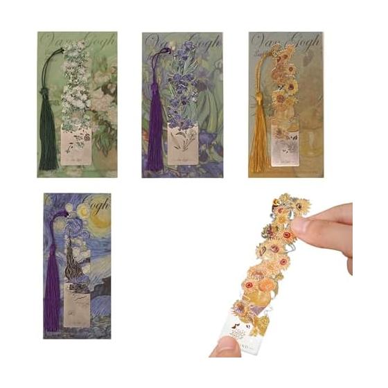4 Set Metal Bookmarks, Vintage Elegant Art Painting Book Page Markers for Book Lovers, Valentine's Day Gift (White Rose + Fleur-de-lis + Sunflower +