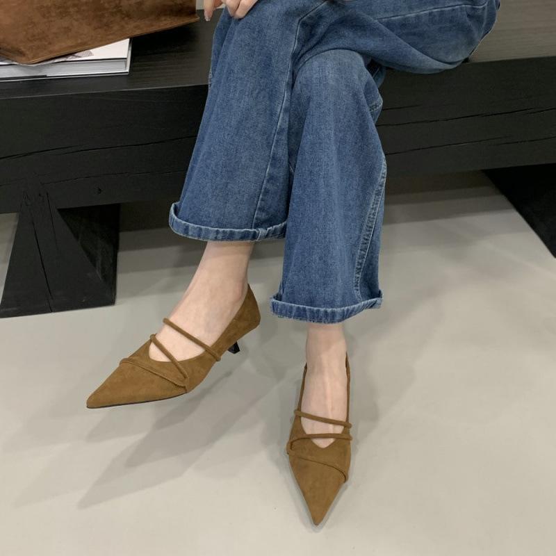 Sheepskin Version~ French Retro Pointed High Heels Women's Fashion Temperament Suede with Skirt Thin Heel Light Mouth Single Shoes