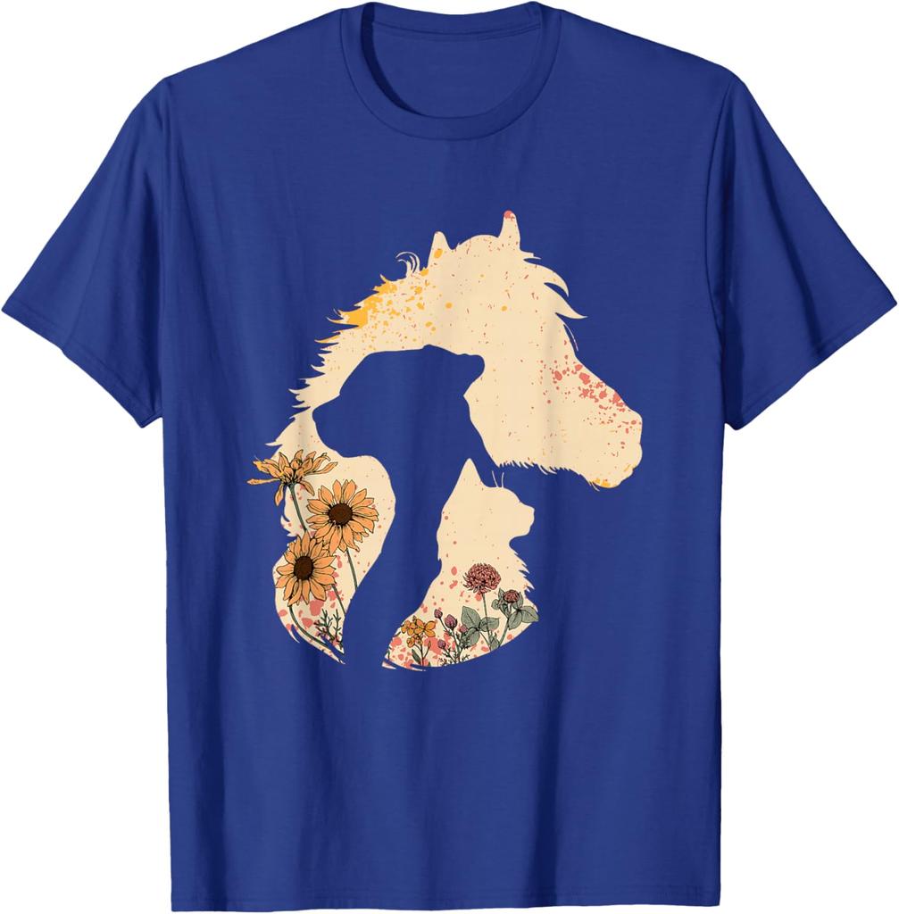Pferd Hund Katze Silhouette Floral Boho Vintage Grafik T-Shirt Weiches Lässiges Baumwoll-T-Shirt Damen