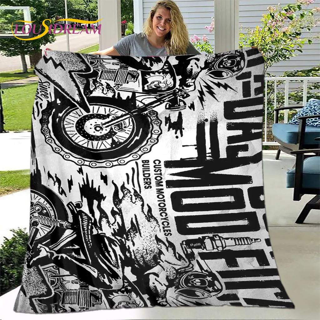 Retro Vintage Motorfiets schedel Zachte Pluche Deken, Flanellen Deken Worpdeken voor Woonkamer Slaapkamer Bed Sofa Picknick Deksel