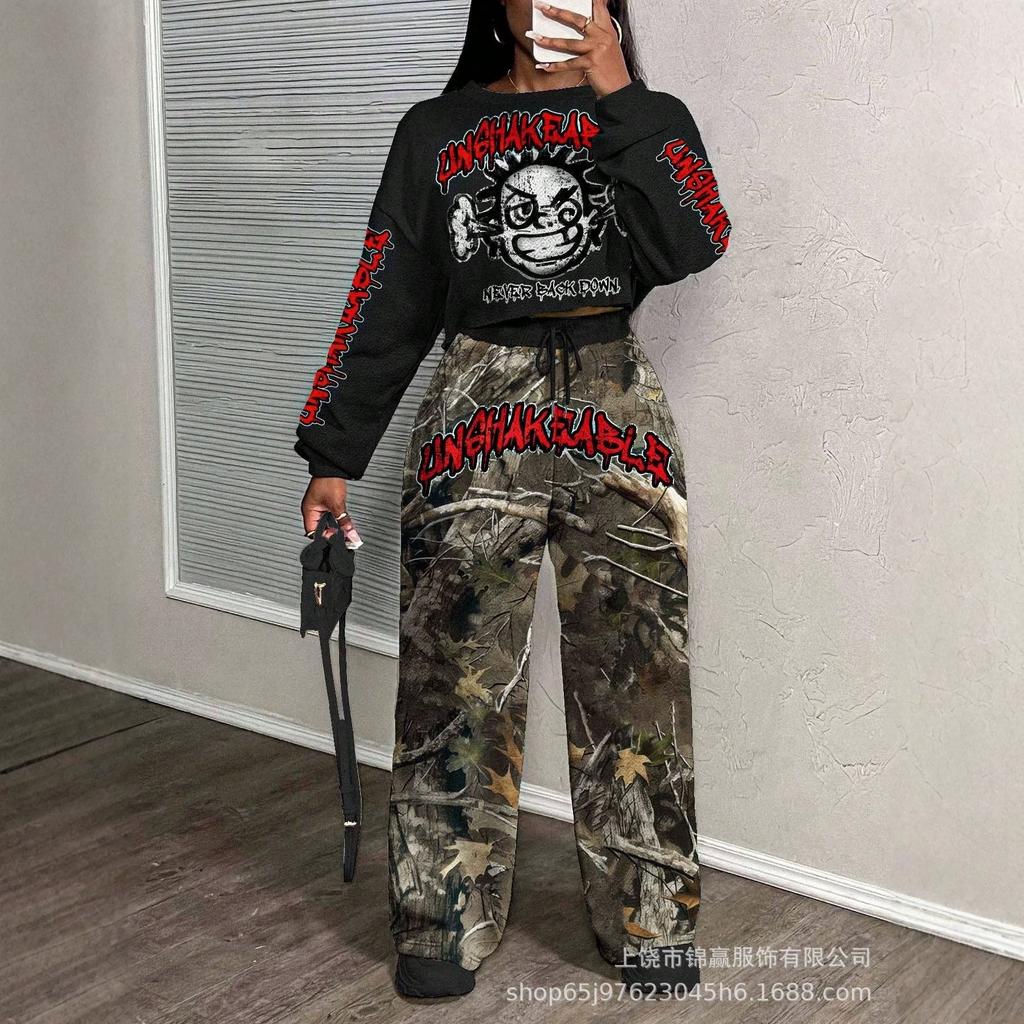 Tuta pantalone con maglione girocollo a fantasia stampata con lettere da donna, nuova tendenza autunno e inverno, tuta casual alla moda