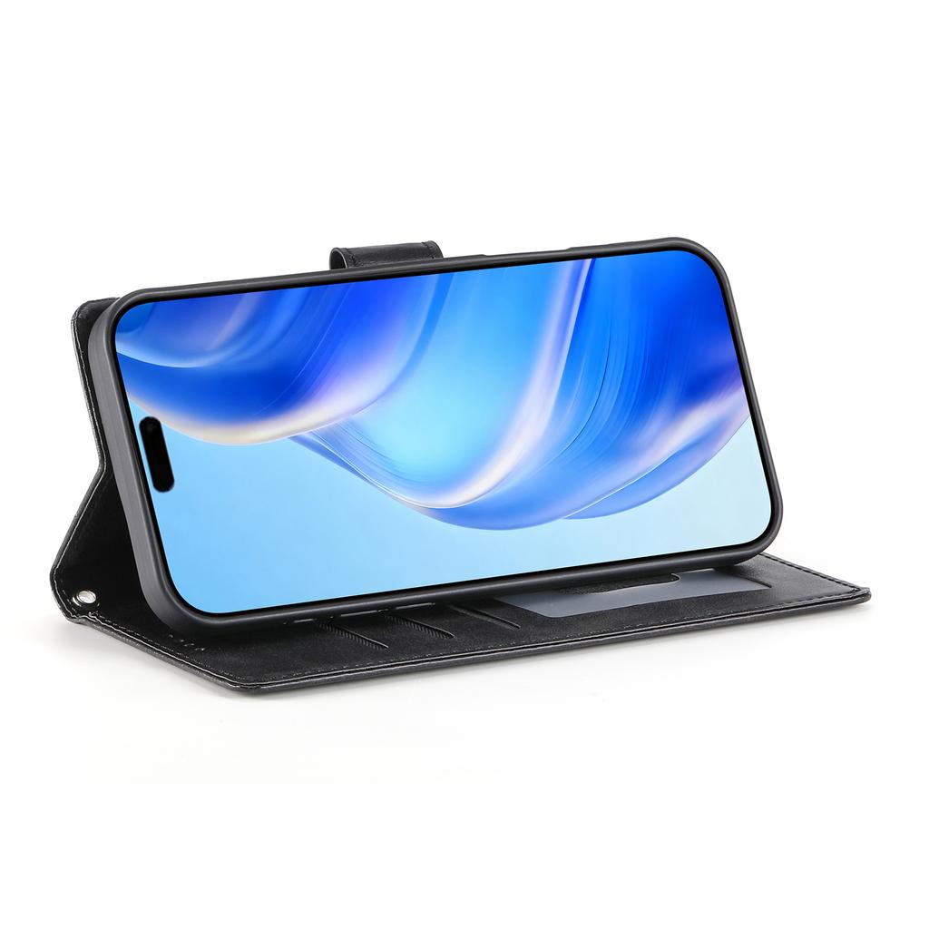 For iPhone 17 Pro Max Case Stand Wallet Calf Texture PU Leather Flip Phone Cover with Wrist Strap