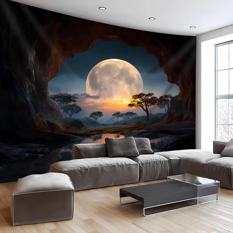 2D African Savannah Night Tapestry Cave Moonlight Home Background Decor