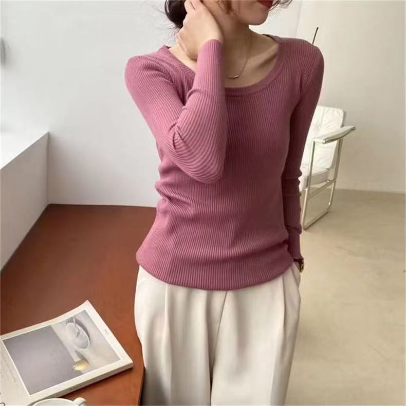autumn and winter new low round neck long-sleeved slim-fit jumper stacked with simple solid color bottoming shirt top women