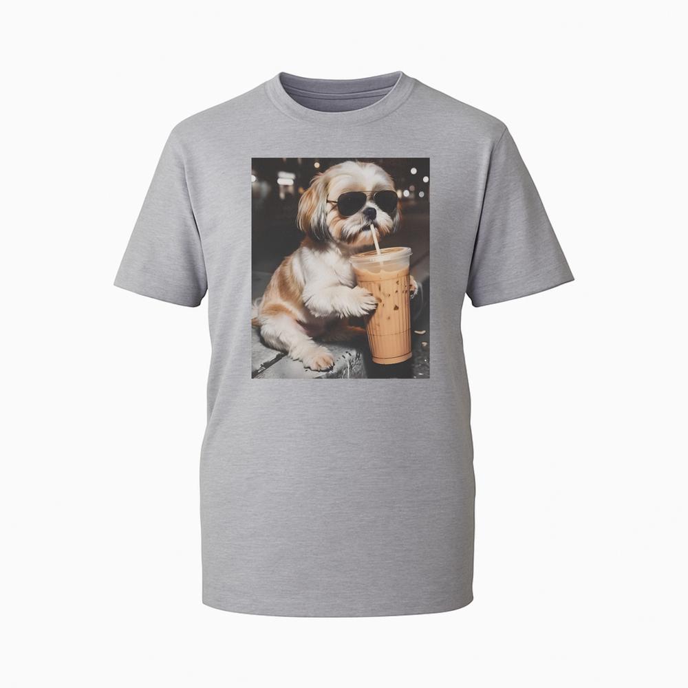 Funny Shih Tzu TShirt Drinking Iced Coffee Dog Lover 100 Cotton Graphic Tee