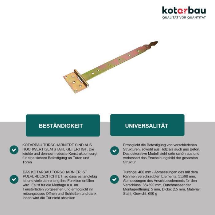 Charnière de porte en T - KOTARBAU - Acier - 400 mm - Revêtement en Zinc - Résistante à l'humidité