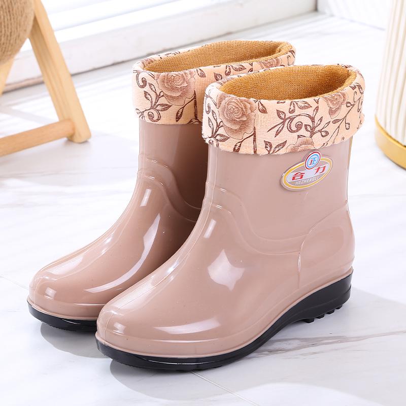 Women's Mid-Calf Fleece-Lined Non-Slip Rain Boots - Warm, Fashionable, Wear-Resistant Rubber Water Shoes