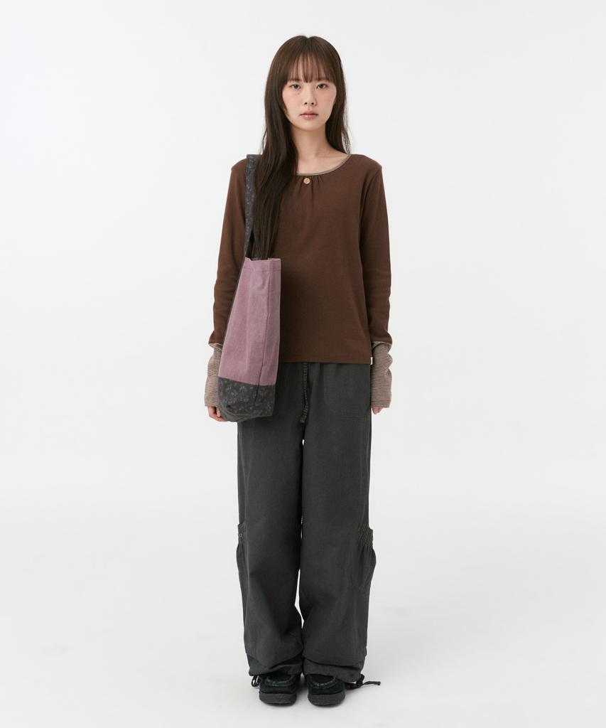 OHESHIO Shirring Color Block Long Sleeve, Brown