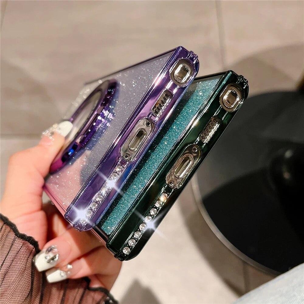 Plating Gradient Glitter Diamond Stand Holder Magnetic Case For Samsung S24 S23 Ultra S22 Plus/iphone 15 14 13 12 11 Pro Max Magsafe Protection Cover