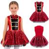 Vestido Leotardo Mono Rojo de Manga Corta con Cuello Redondo Brillante de Lentejuelas para Niños para Disfraz de Escenario Concurso