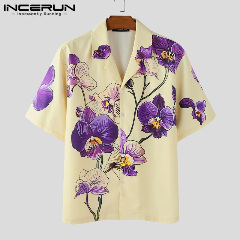 INCERUN Oversized Men Lapel Neck Short Sleeve Floral Print Casual Shirts