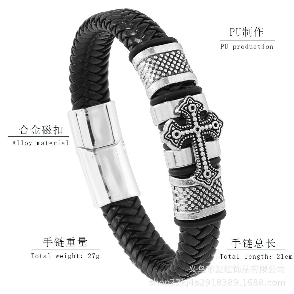 Men Simple Leather Braided Bracelet Alloy Accents European American Style Cross Fashion Alloy Bracelet