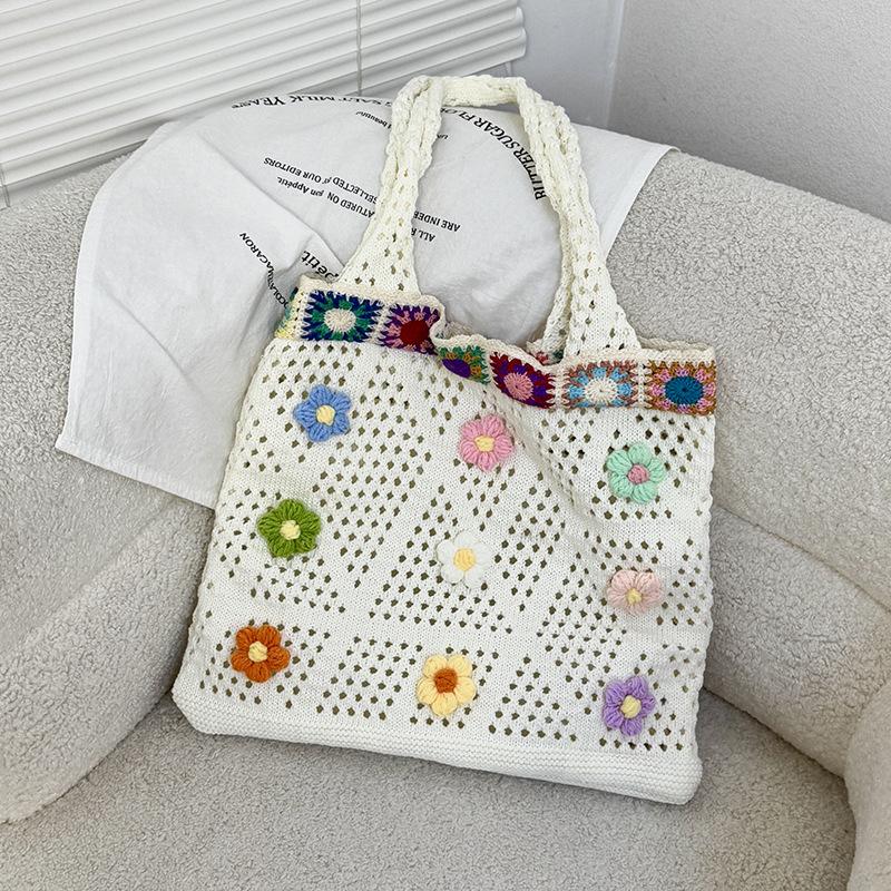 

Ажурная цветочная плетеная сумка для пляжа с нитками, большая вместительная сумка-тоут в стиле бохо, ажурная сумка на плечо для девочек 38x7x34cm бежевый
