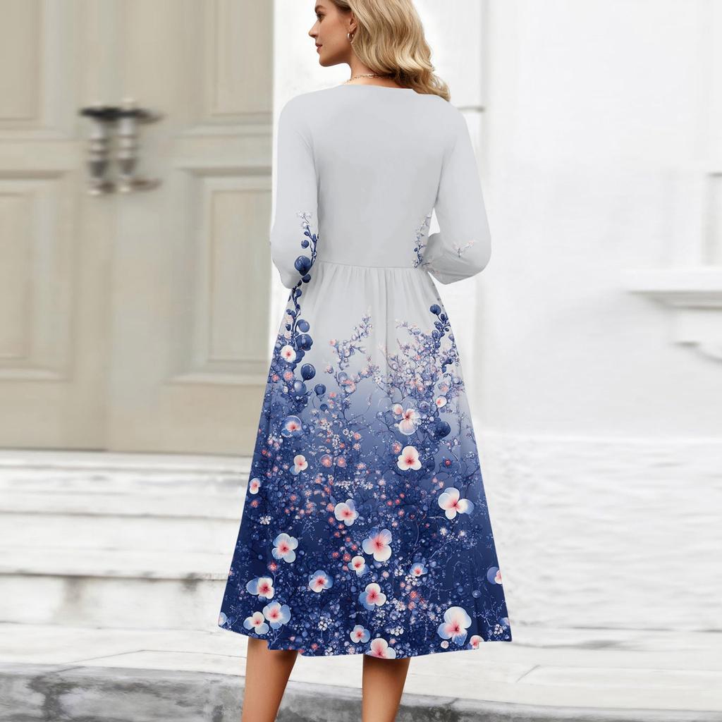 3/4-Ärmel Damenkleid Lässig Fließend A-Linie Midi T-Shirt Kleider mit Taschen Rundhalsausschnitt Urlaub Boho Strand Sommerkleid