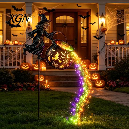 Garden Ornaments for Outside Decor Halloween Witch Stake Light Outdoor Decoration, 33.5 Inch Waterfall-Style Iron Stakes Lawn Cauldron