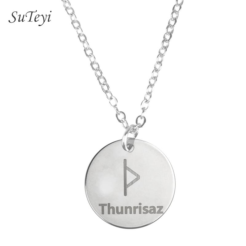 Round 25 Rune Letter Pendant Necklace Silver Color Stainless Steel Disc Viking Necklaces For Women Men