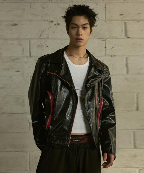 Lanarchive [0120] Glossy Leather Rider Jacket - Black