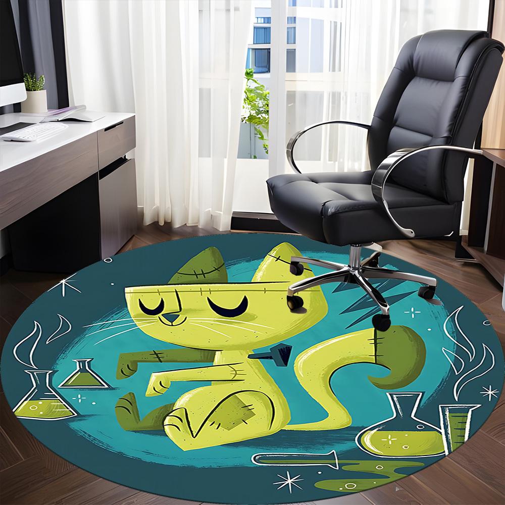 1pc Green Cat Office Round Area Rug, Under Office Chairs Bedroom Living Room Home Decor, Room Deco