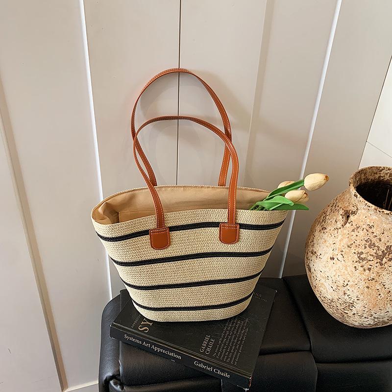 Niche Striped Woven Big Bag Women's New Commuter Versatile Straw Woven Tote Bag Seaside Beach Bag